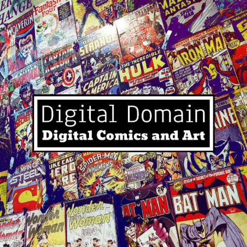 Collage of comic book covers with superhero characters and 'Digital Domain' branding.